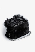 Rockyssime Bag - Women’s clutch in black faux fur with gold-tone and metal chain