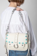 Kate Bag - Women's shoulder bag in ecru leather studded with turquoise gems