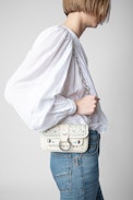 Kate Wallet Bag - Women’s small bag in ecru leather studded with turquoise-blue stones
