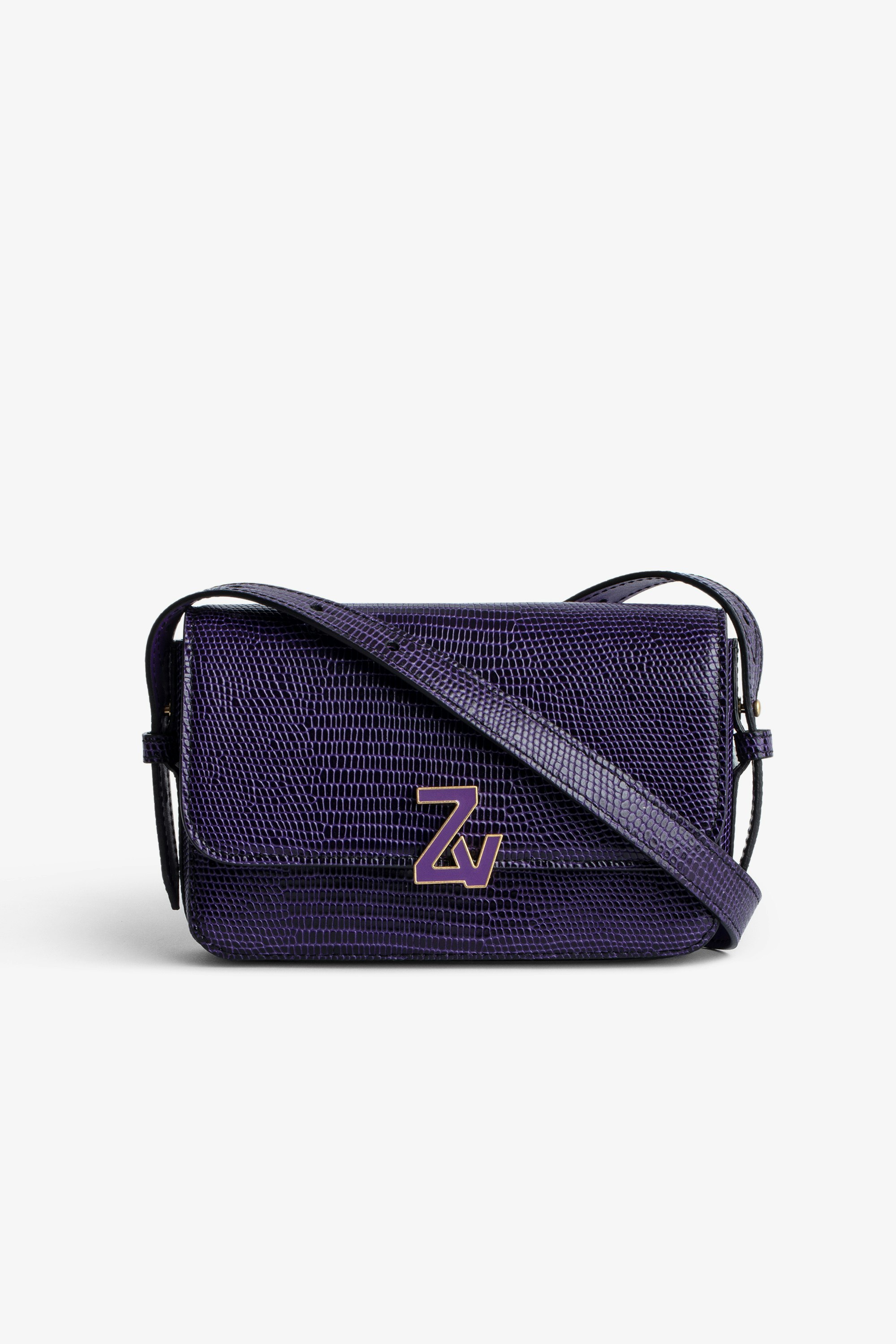 Le Mini ZV Initiale Bag Women’s Le Mini ZV Initiale bag in violet iguana-effect embossed leather with flap, clasp, and shoulder strap