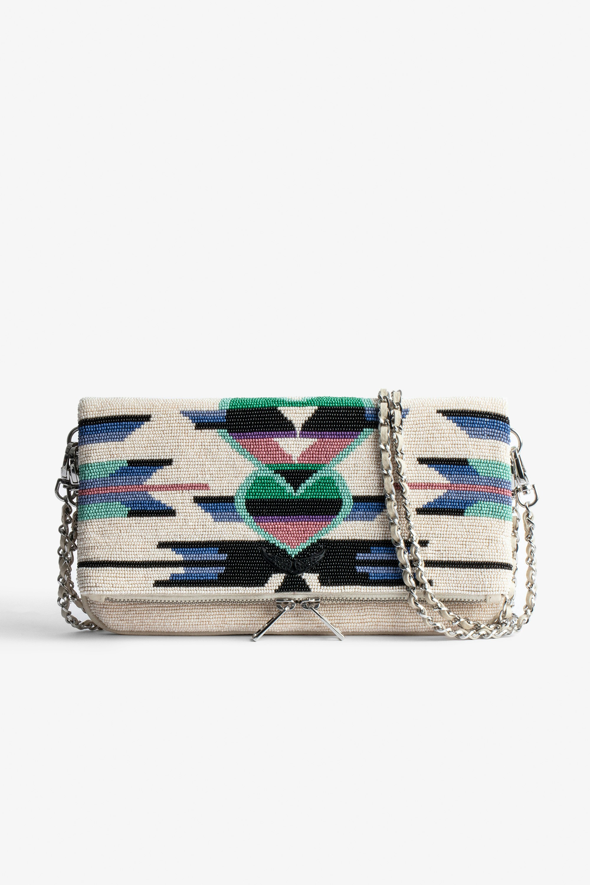 Rock Clutch Women’s clutch in ecru leather with multicolour beads and a double leather-and-metal chain