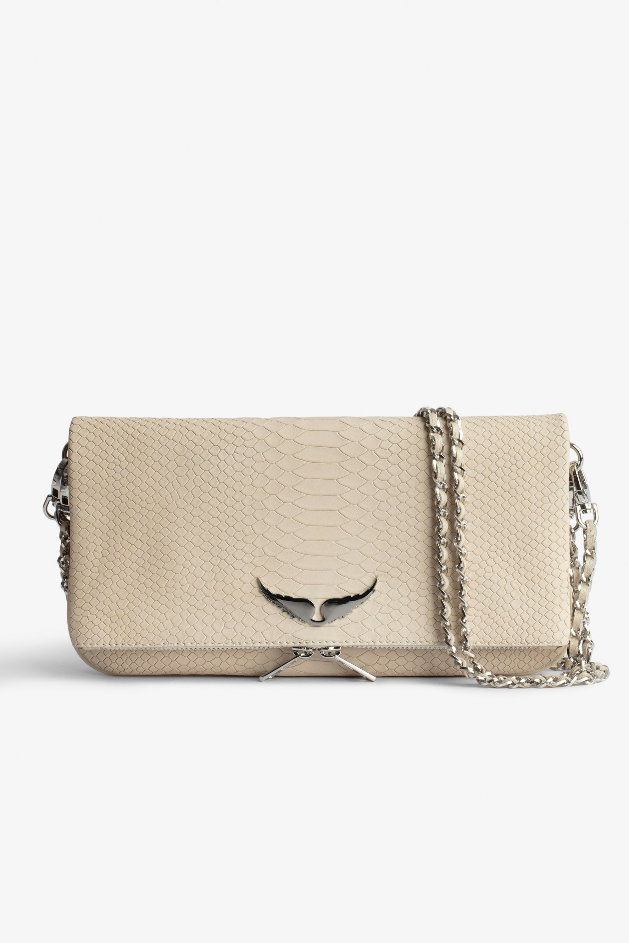 Soft Savage Rock Clutch Women’s clutch in ecru python-effect leather with double leather-and-metal chain