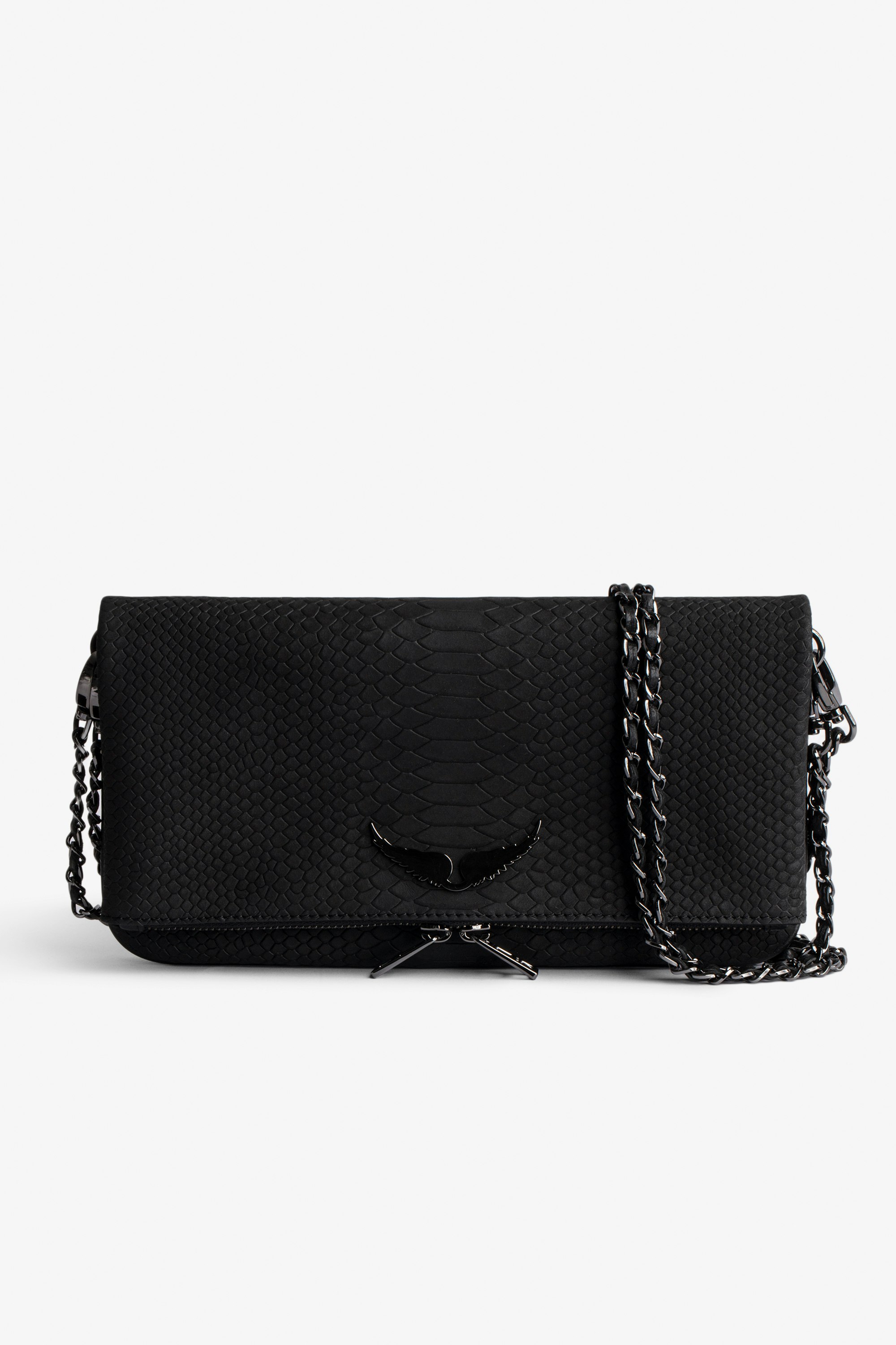 Soft Savage Rock Clutch - Women’s clutch in black python-effect leather with double leather-and-metal chain