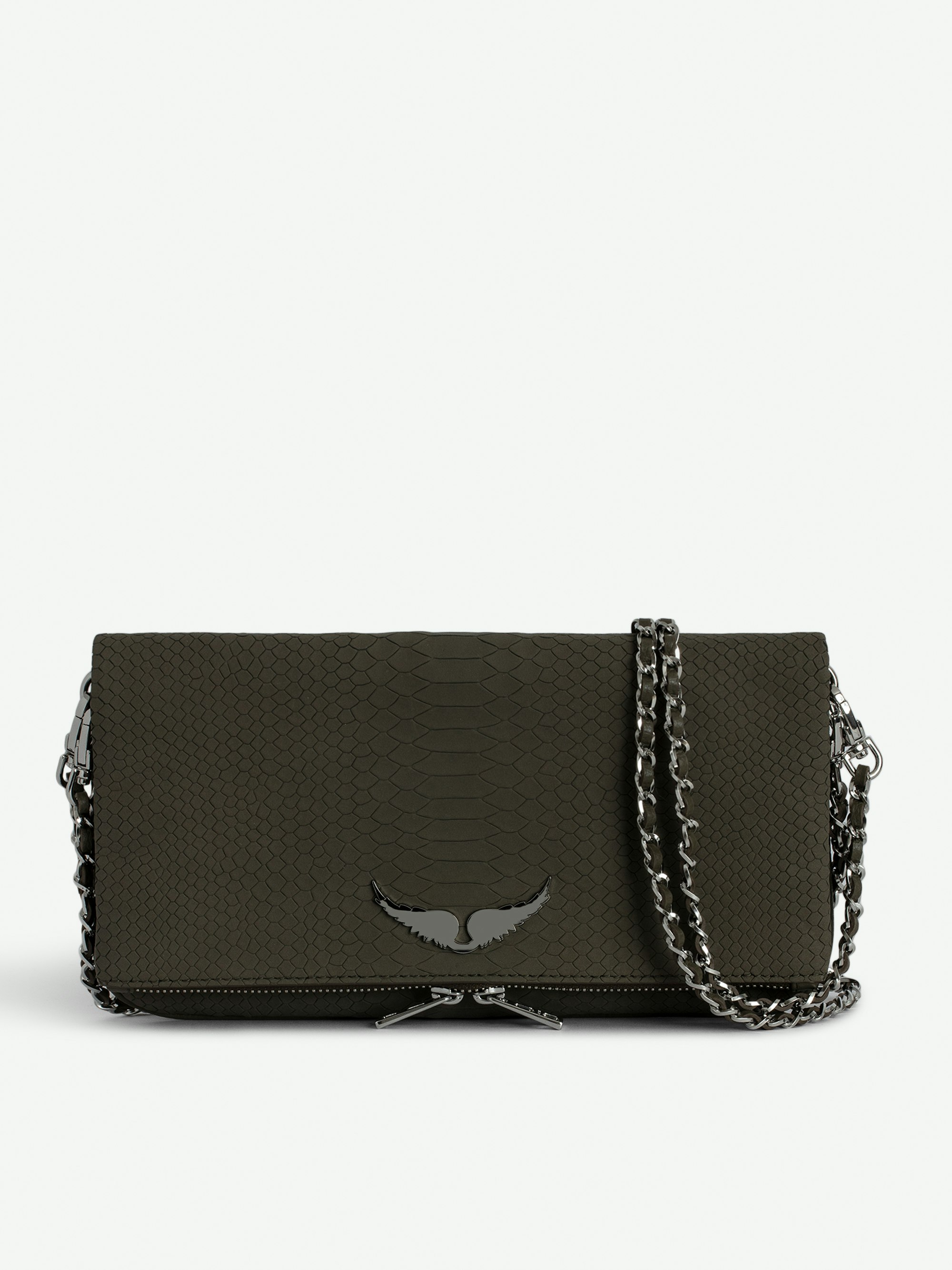 Rock Soft Savage Clutch - Khaki python-effect leather clutch with double leather and metal chain strap.