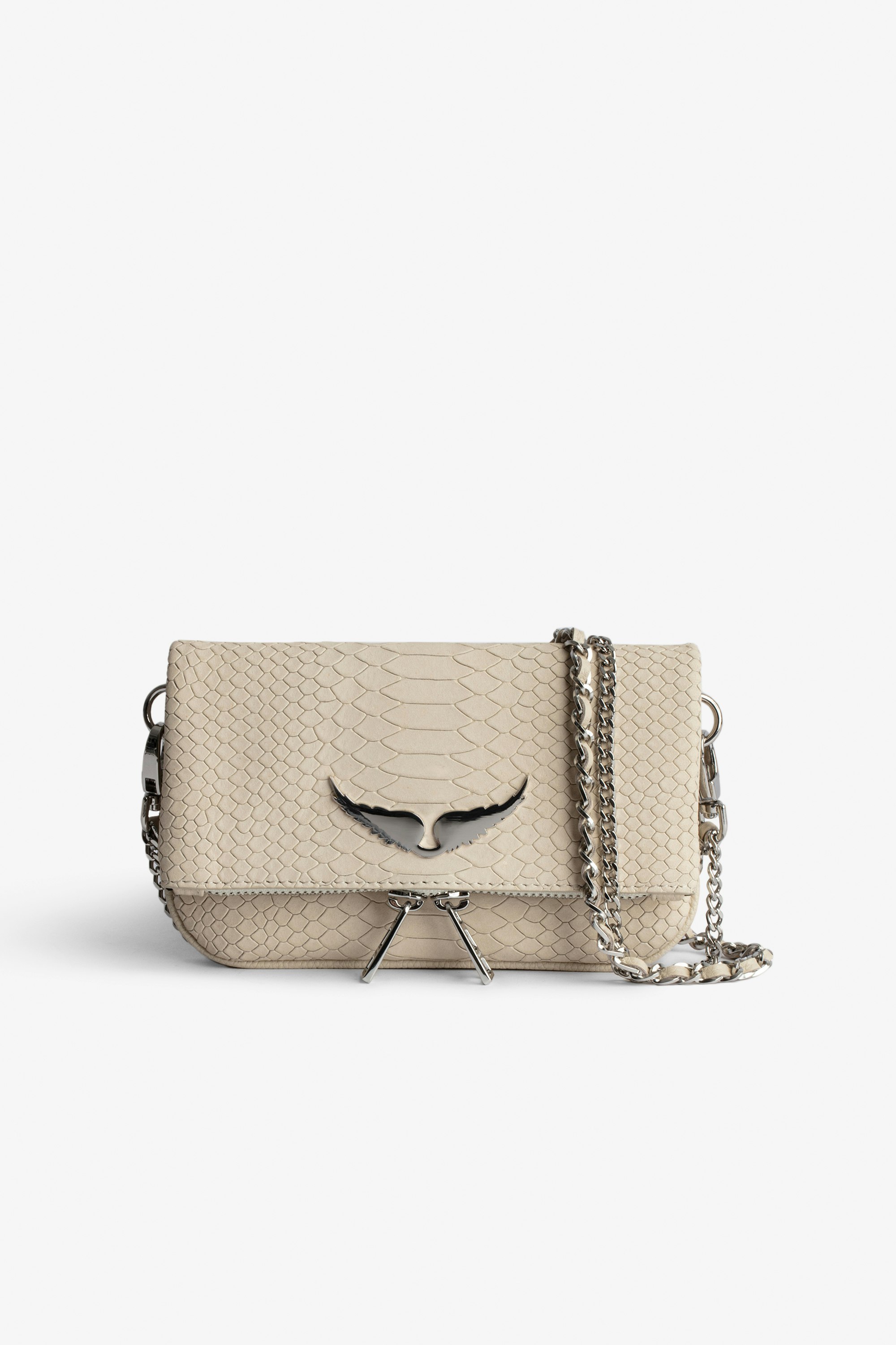 Nano Soft Savage Rock Clutch Women’s small clutch in ecru python-effect leather with double leather-and-metal chain