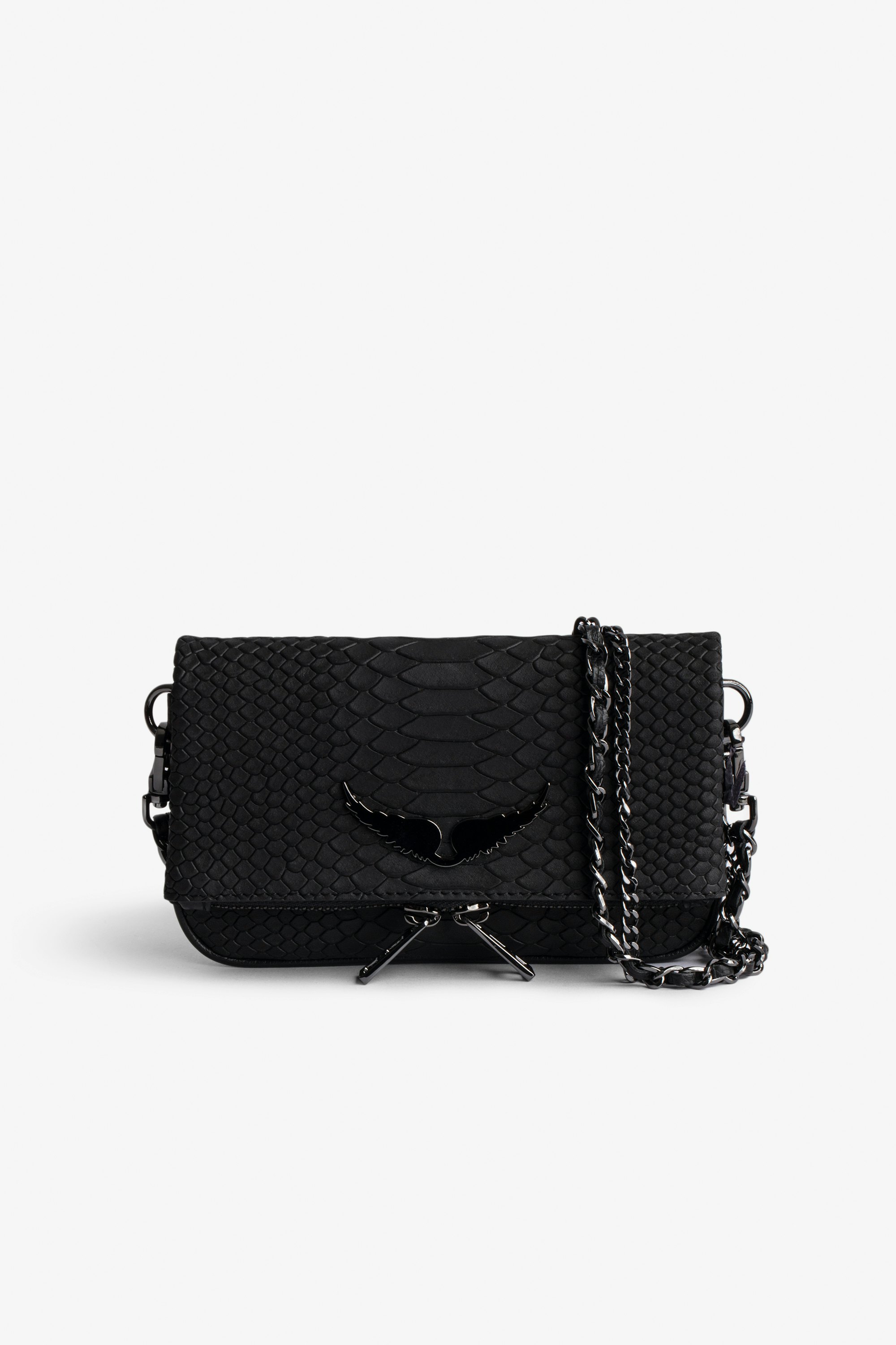 Nano Soft Savage Rock Clutch Women’s small clutch in black python-effect leather with double leather-and-metal chain