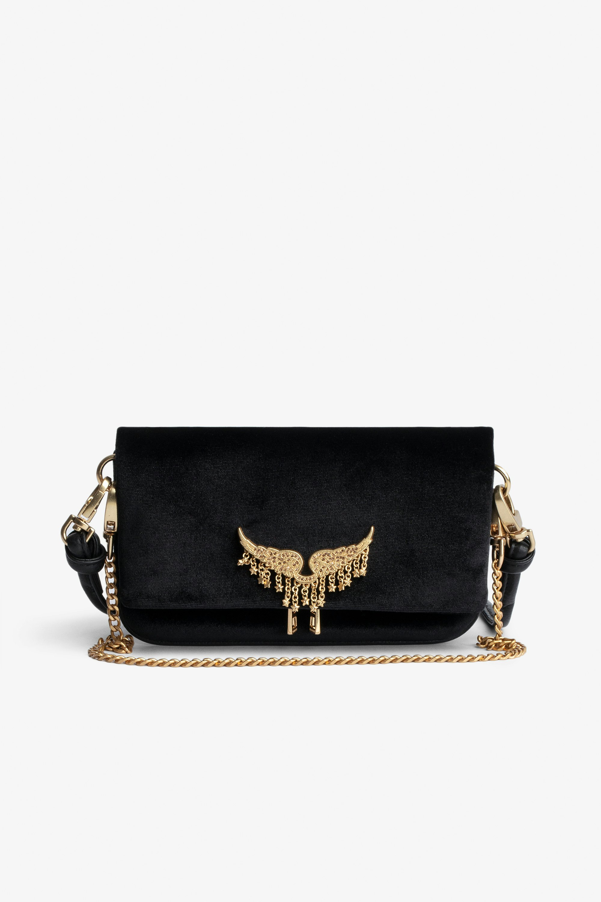 Velvet Rock Nano Clutch Women’s Rock Nano clutch in black velvet with leather and chain shoulder strap, embellished with a wings charm and stars