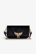 Velvet Rock Nano Clutch - Women’s Rock Nano clutch in black velvet with leather and chain shoulder strap, embellished with a wings charm and stars
