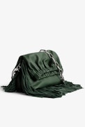 Tasche Rockyssime - Khakifarbene Damen-Handtasche aus glattem Lammleder mit gerafftem Verschluss und Metallkette mit Fransen