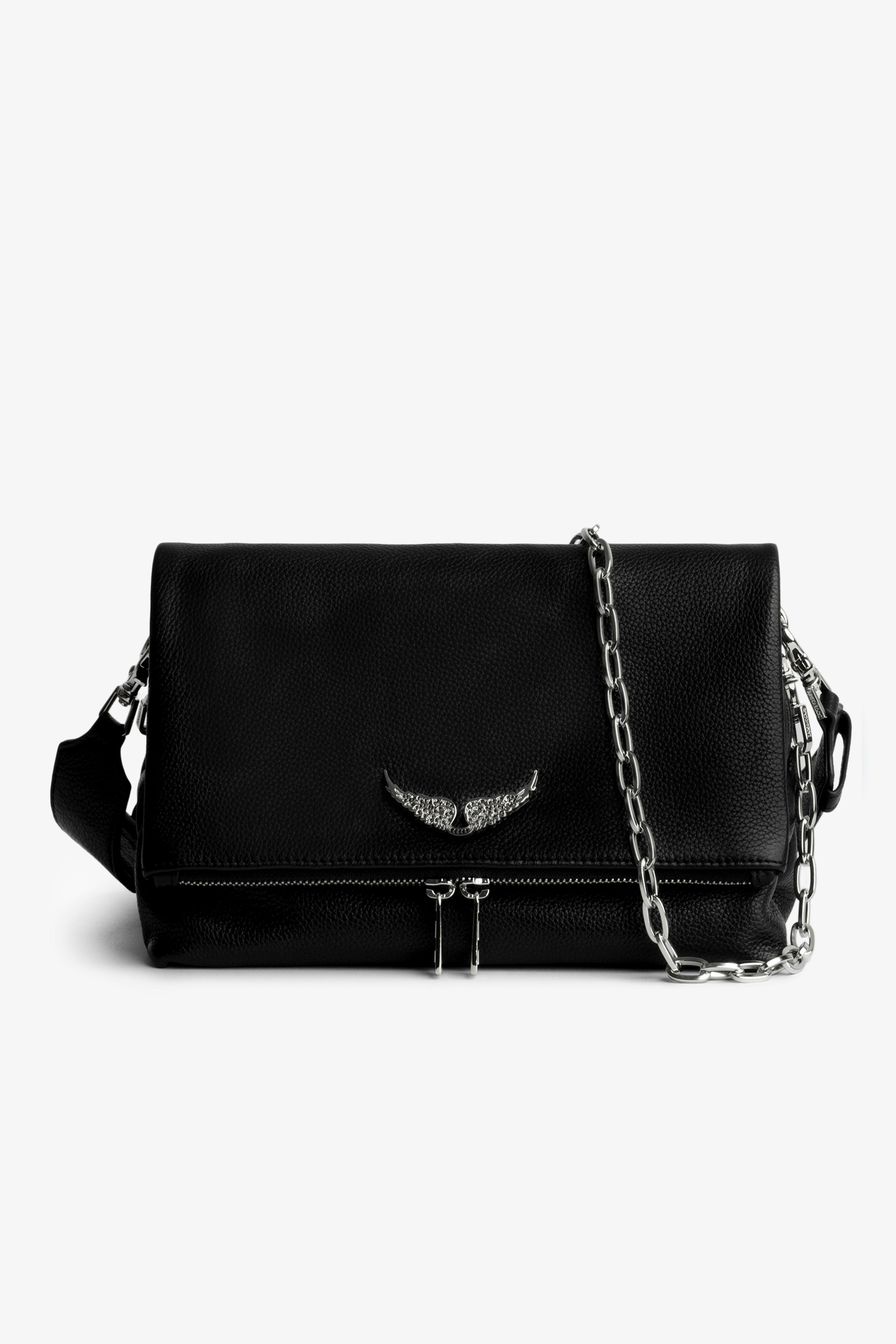 Swing Your Wings Rocky Bag Women’s black leather Rocky bag with silver-toned metal shoulder strap