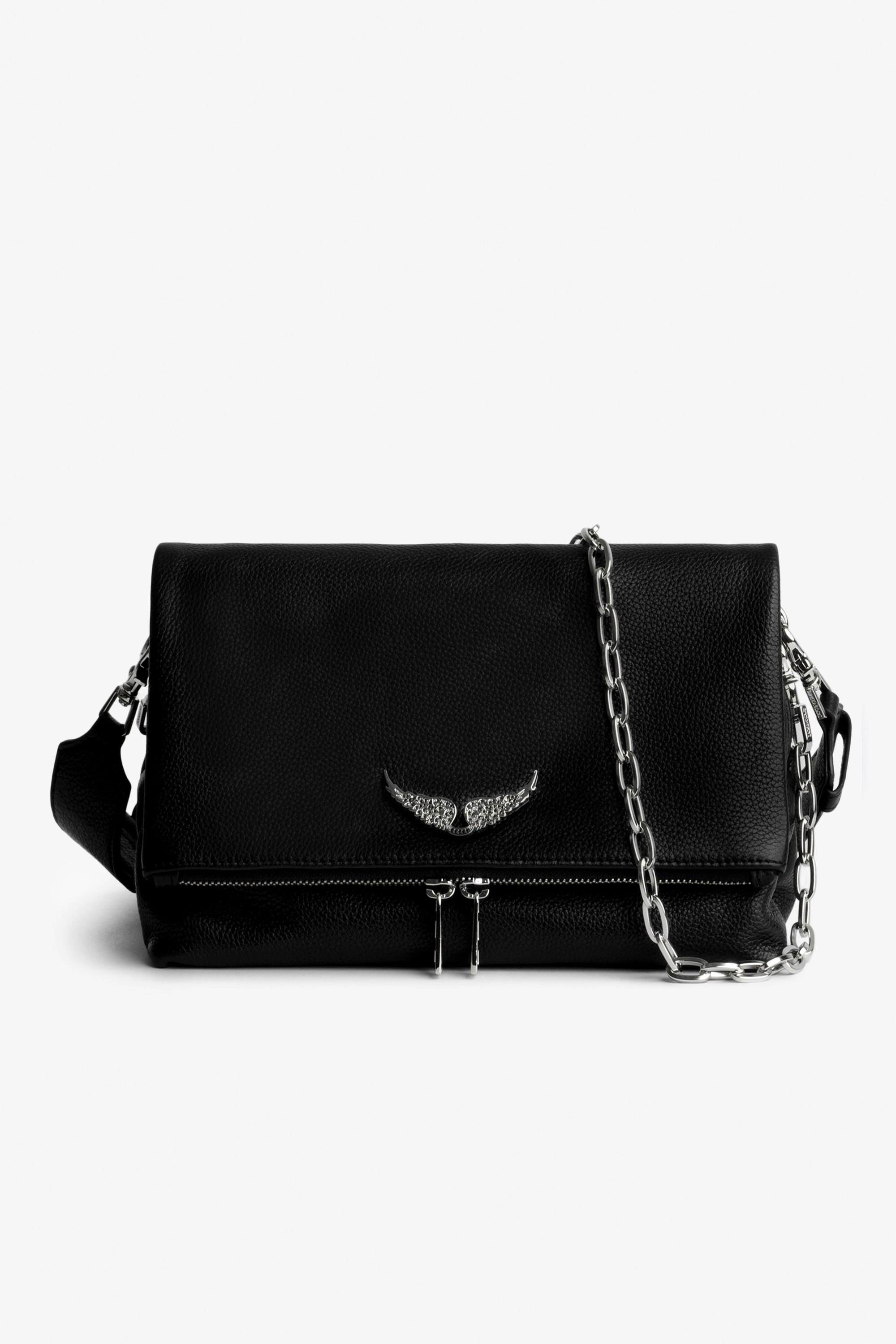 Tasche Rocky Swing Your Wings - Damentasche Rocky aus schwarzem Leder mit silberfarbener Metallkette