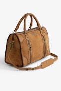 Sunny Medium #2 Bag - Women's Voltaire camel suede bag with contrasting stitching and shoulder strap