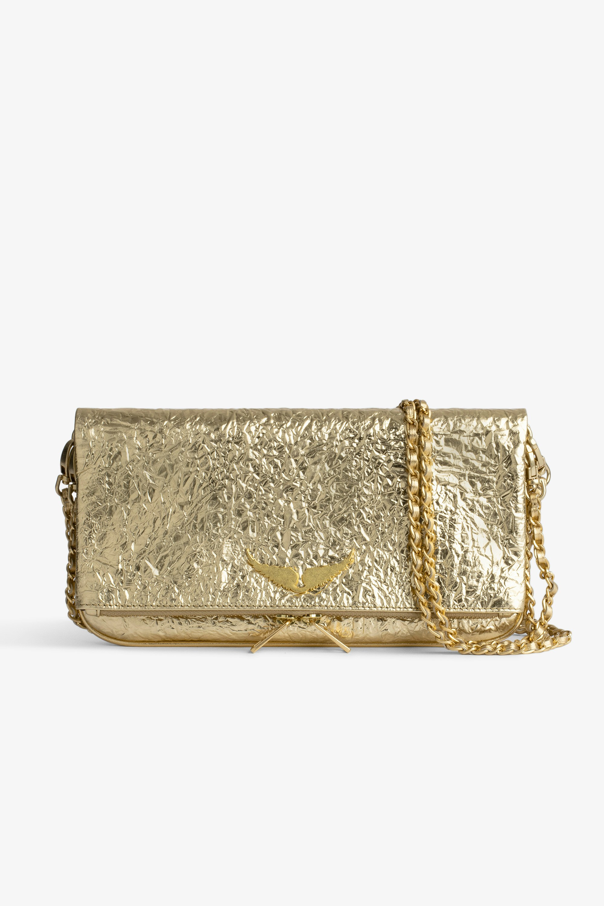Rock クラッチバッグ Women’s Rock clutch in metallic gold crinkled leather with leather and chain shoulder strap