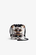 Rock To Go Bag - Women’s small bucket bag in black leather embroidered with ecru beads