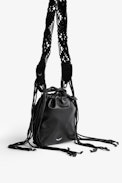 Rock To Go Bag - Women’s bucket bag in black leather with detachable macramé shoulder strap with fringing