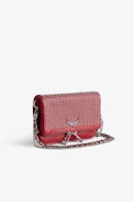 Rock Nano Dotted Swiss Clutch - Women’s small red grained leather clutch with dotted Swiss studs, chains and wings.