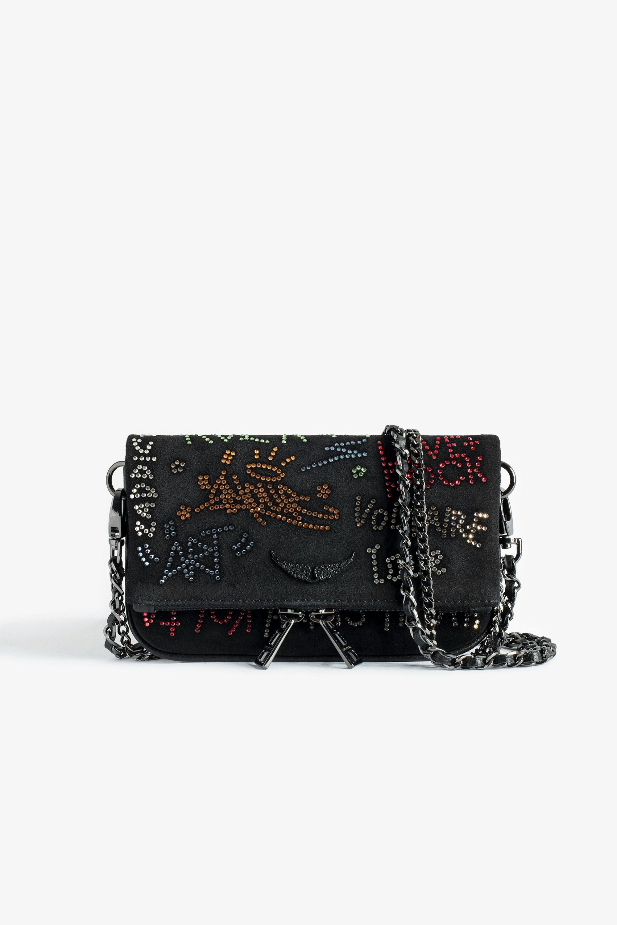 Bolso de mano Rock Nano Tag Strass Bolso de mano pequeño negro de ante con inscripciones estilo grafiti de strass Swarovski® con cadenas y alas para mujer.