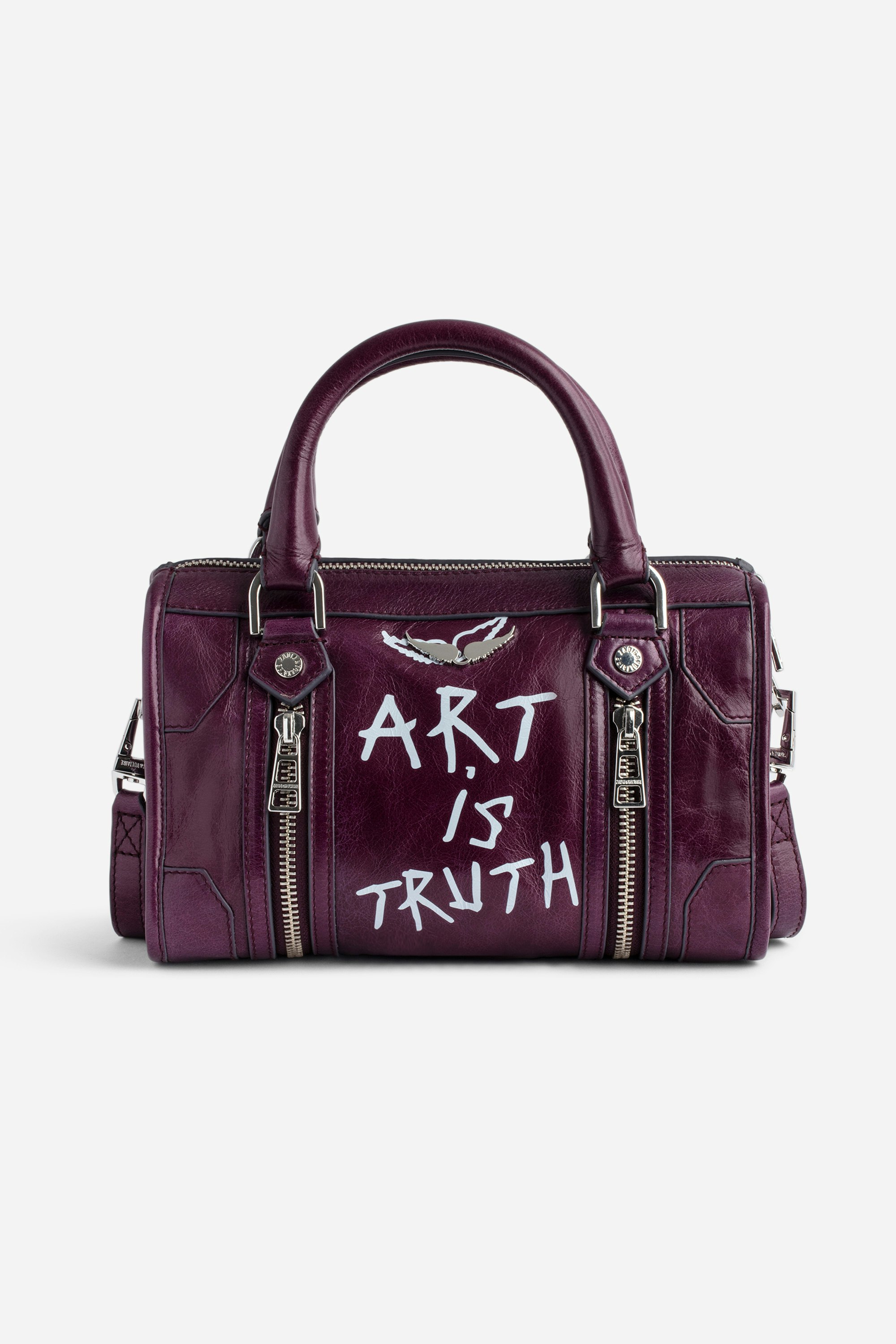 Sunny XS #2 Tag Bag Women’s burgundy vintage-effect patent leather bag with handle and shoulder strap with wings and “Art is truth” tags.