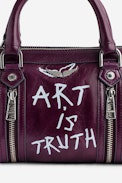 Sunny XS #2 Tag Bag - Women’s burgundy vintage-effect patent leather bag with handle and shoulder strap with wings and “Art is truth” tags.
