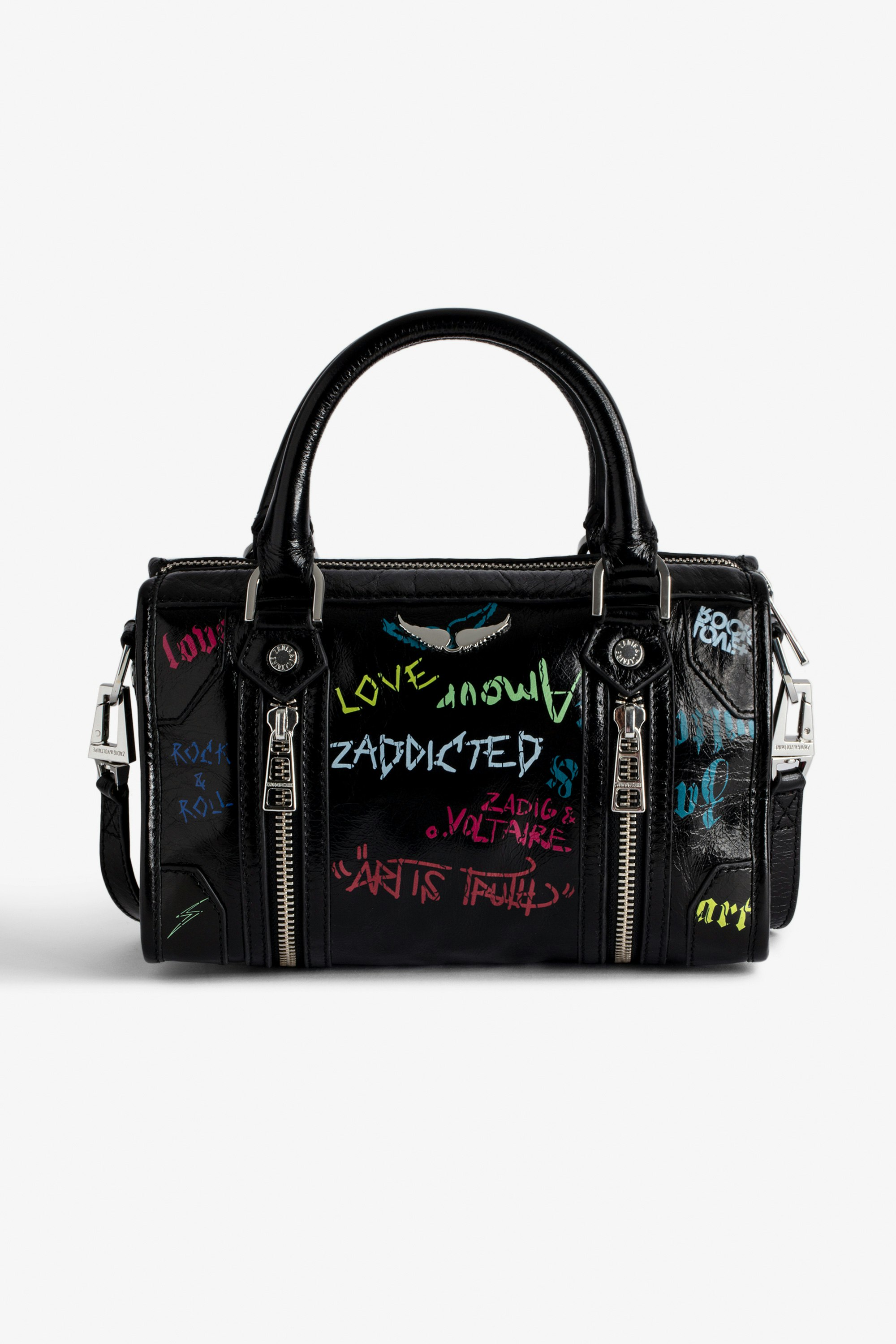 Bolso Sunny XS #2 Tag Bolso negro de charol con efecto vintage con asa y bandolera para mujer con grafiti.