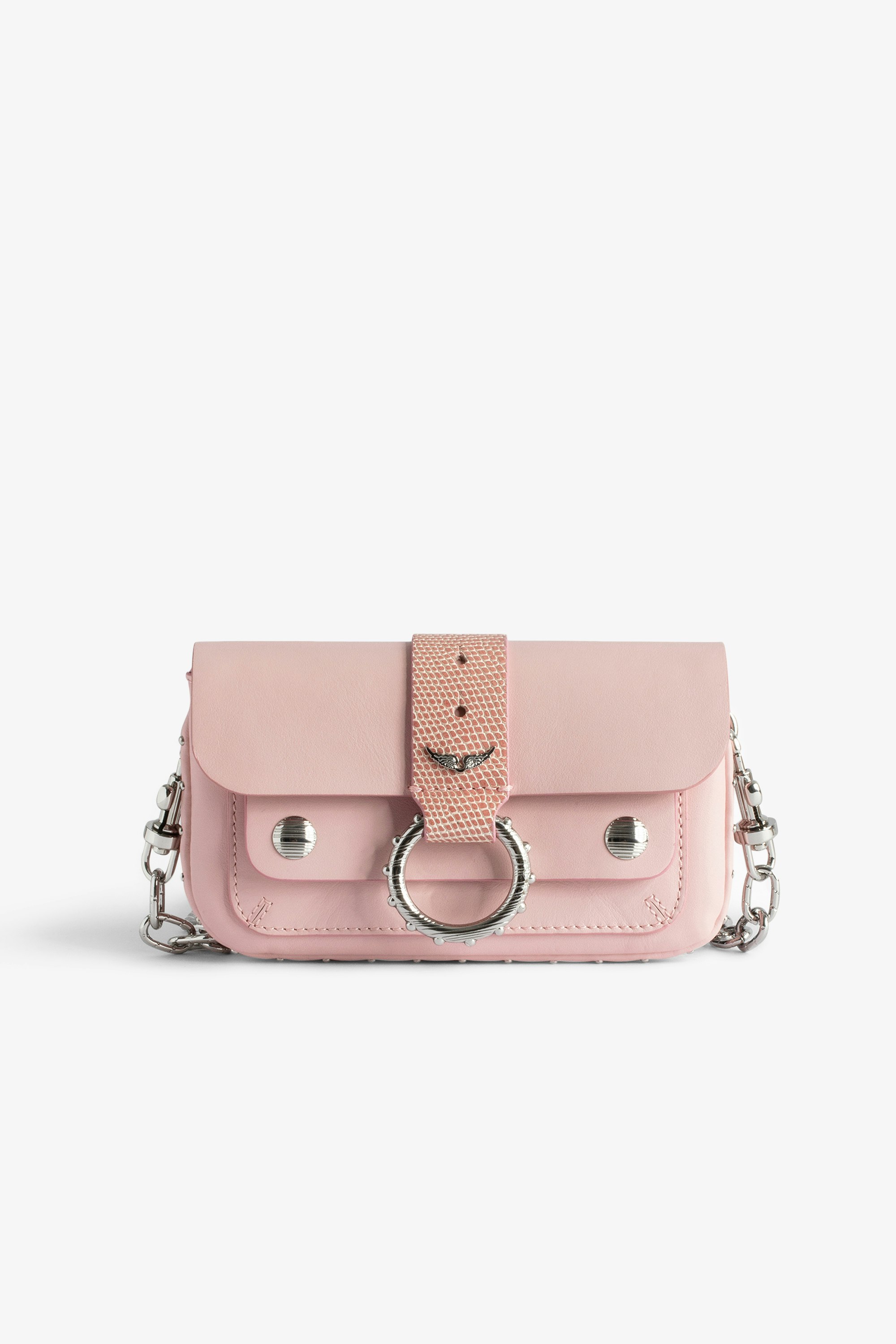 Kate Wallet Bag Women’s pink smooth leather mini bag with metal chain and iguana-embossed leather loop.