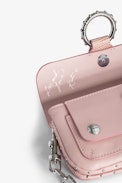 Kate Wallet Bag - Women’s pink smooth leather mini bag with metal chain and iguana-embossed leather loop.