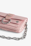 Kate Wallet Bag - Women’s pink smooth leather mini bag with metal chain and iguana-embossed leather loop.