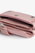 Kate Wallet Bag - Women’s pink smooth leather mini bag with metal chain and iguana-embossed leather loop.