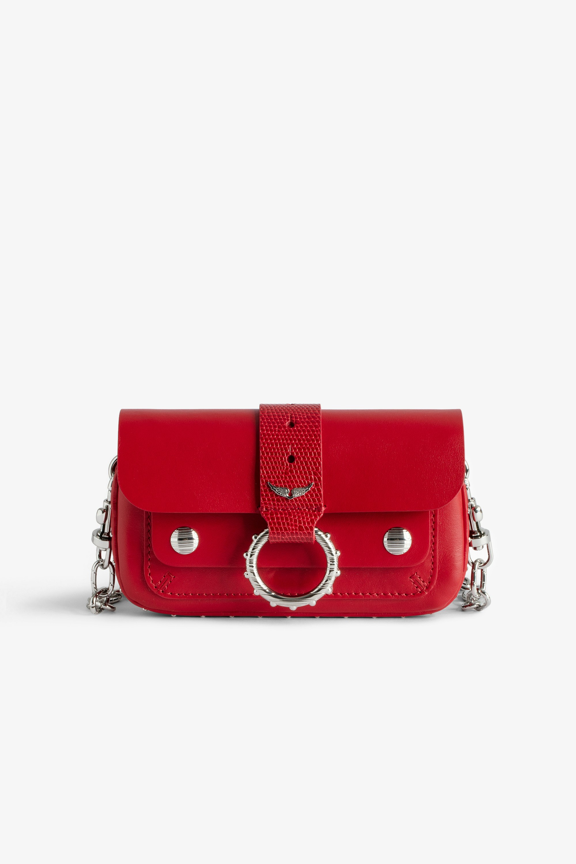 Kate Wallet Bag Women’s red smooth leather mini bag with metal chain and iguana-embossed leather loop.