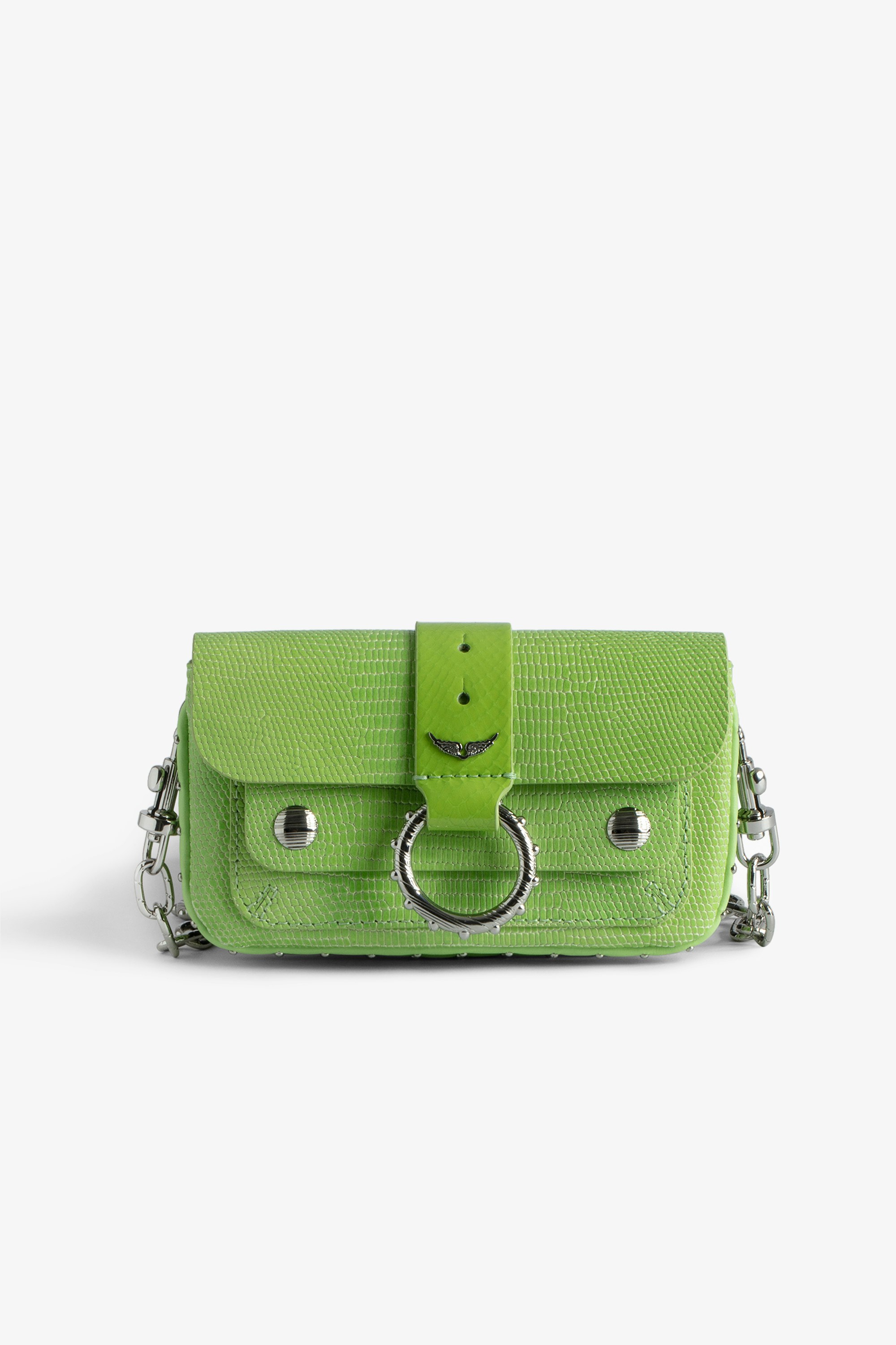 Sac Kate Wallet Glossy Wild Mini sac en cuir brillant vert effet iguane à chaîne en métal.