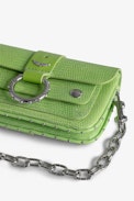 Kate Wallet Glossy Wild Bag - Women’s green iguana-effect patent leather mini bag with metal chain.