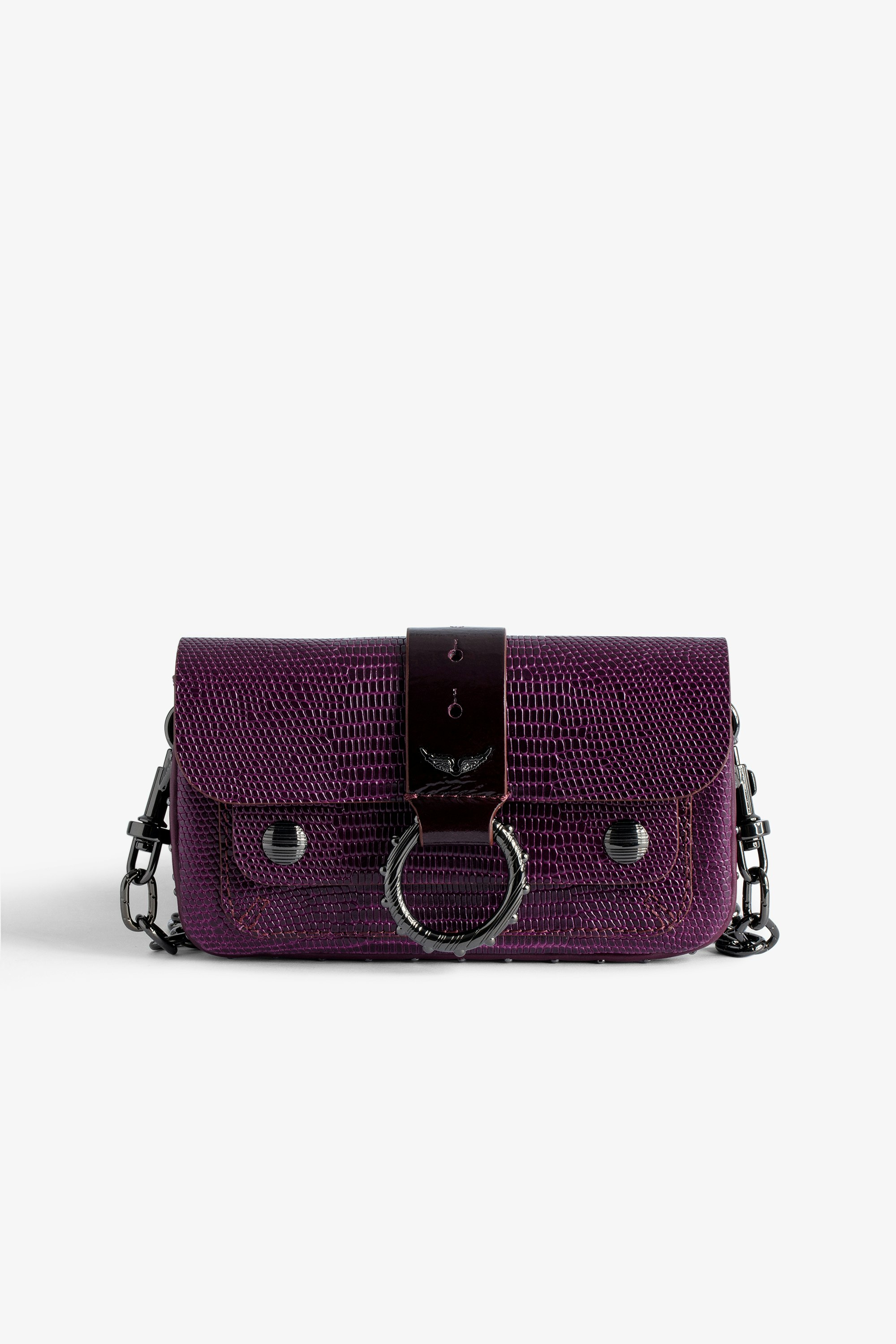 Kate Wallet Embossed Bag Women’s burgundy iguana-embossed leather mini bag with metal chain.