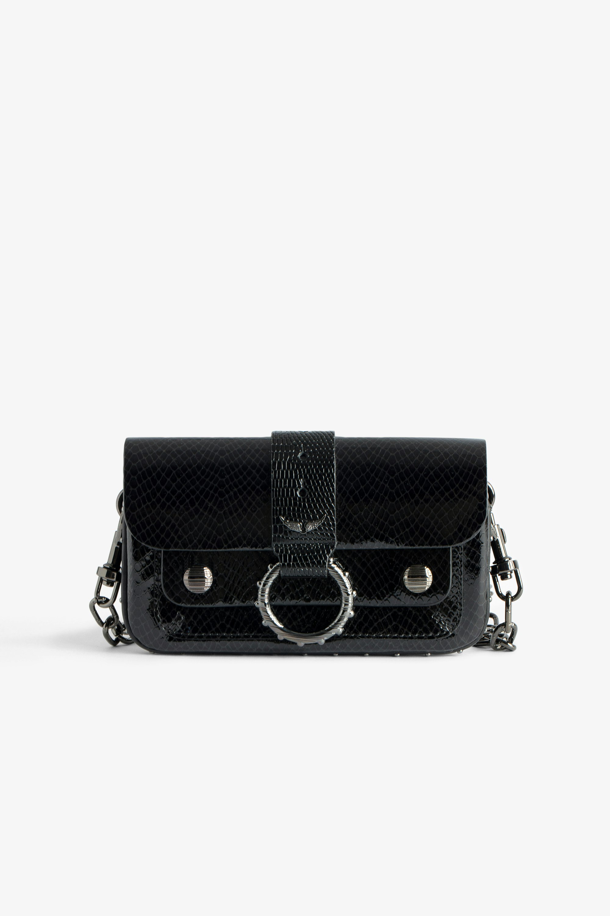 Sac Kate Wallet Glossy Wild Embossé - Mini sac en cuir embossé brillant noir effet iguane à chaîne en métal.