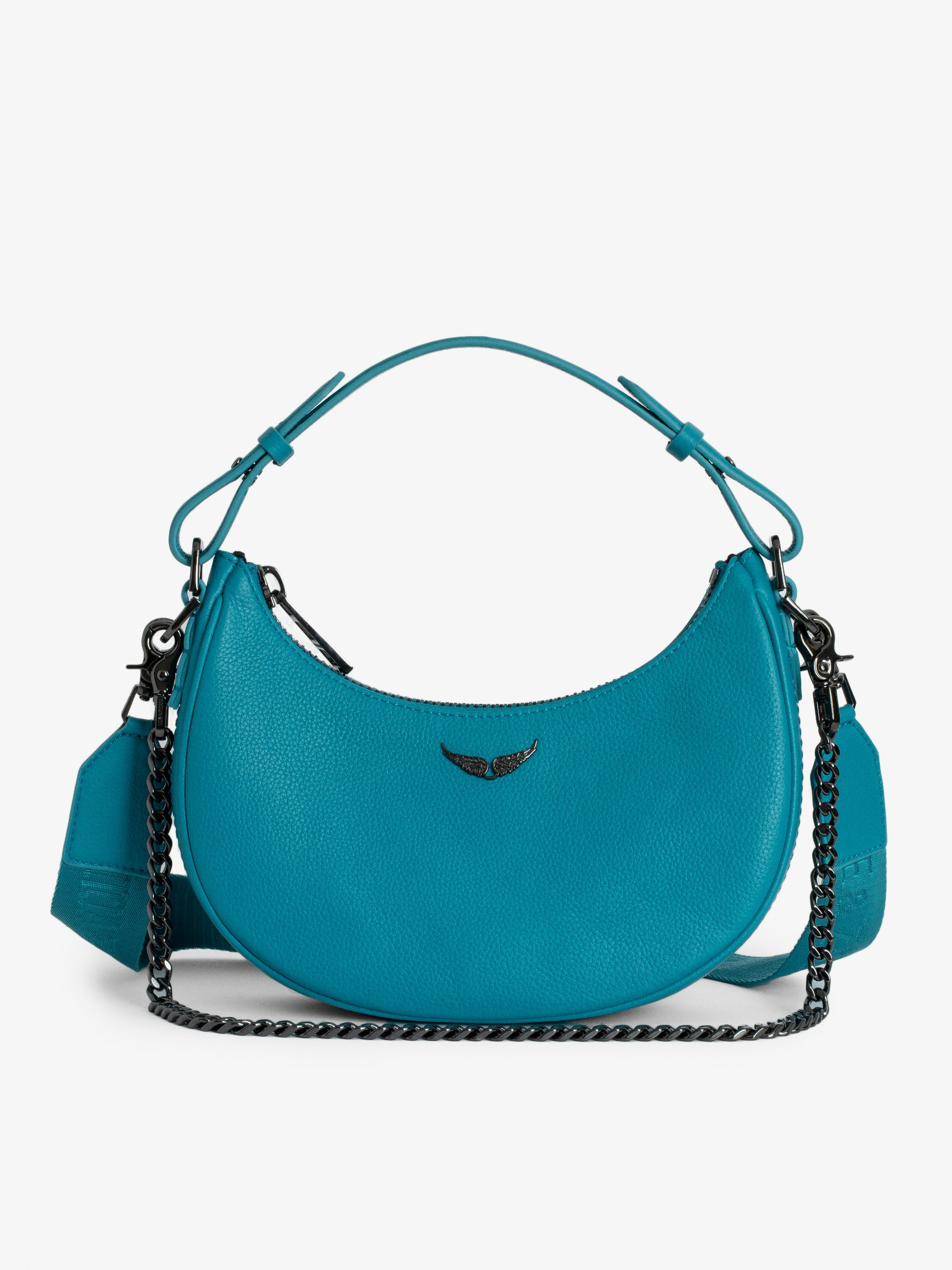 Tasche Moonrock - Halbmondförmige Handtasche aus genarbtem Leder mit Henkel, Schulterriemen, Kette und Signature-Flügeln.
