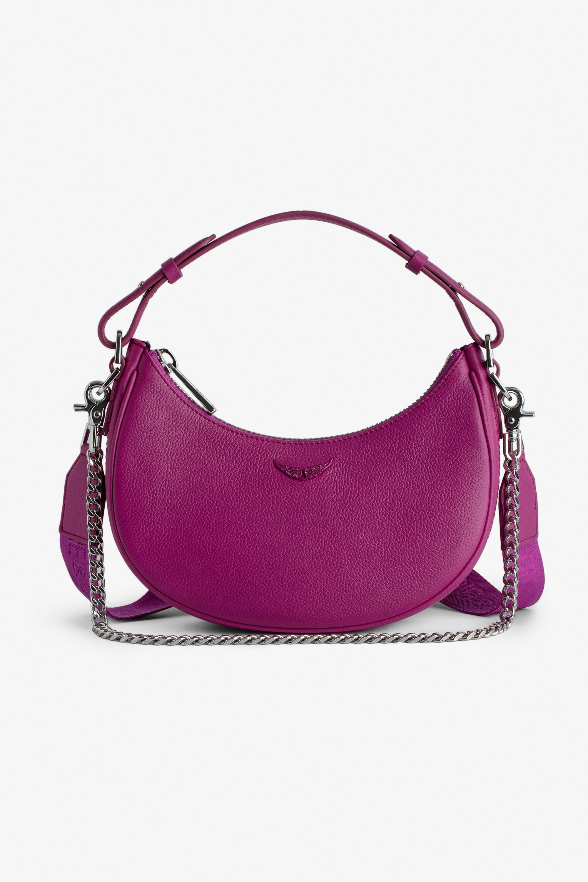 Moonrock Bag - Fuchsia grained leather half-moon bag with handle and chain shoulder strap.