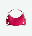 Moonrock Bag - Women’s half-moon bag in pink grained leather with a short handle, shoulder strap, chain and signature wings.