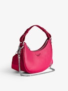 Moonrock Bag - Women’s half-moon bag in pink grained leather with a short handle, shoulder strap, chain and signature wings.