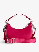 Moonrock Bag - Women’s half-moon bag in pink grained leather with a short handle, shoulder strap, chain and signature wings.