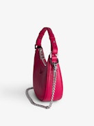 Moonrock Bag - Women’s half-moon bag in pink grained leather with a short handle, shoulder strap, chain and signature wings.