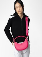 Moonrock Bag - Women’s half-moon bag in pink grained leather with a short handle, shoulder strap, chain and signature wings.