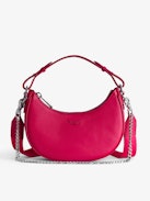 Moonrock Bag - Women’s half-moon bag in pink grained leather with a short handle, shoulder strap, chain and signature wings.