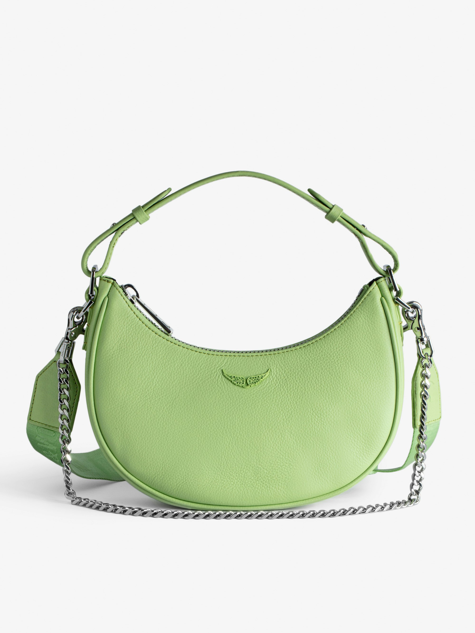 Moonrock Bag - Women’s half-moon bag in green grained leather with a short handle, shoulder strap, chain and signature wings.