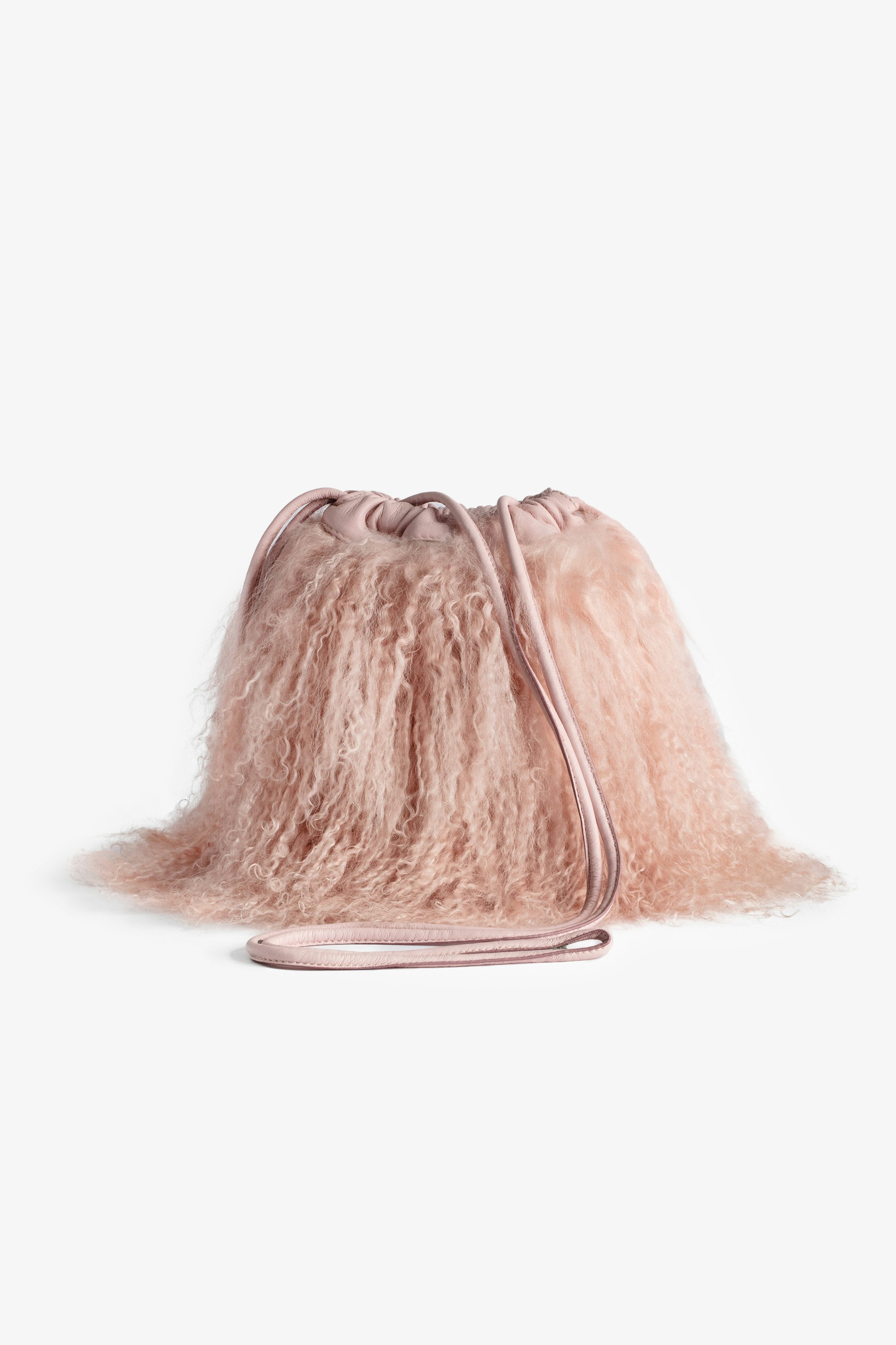 Borsa Rock To Go Frenzy shearling Piccola borsa a secchiello in pelle rosa shearling con coulisse e tracolla da donna.