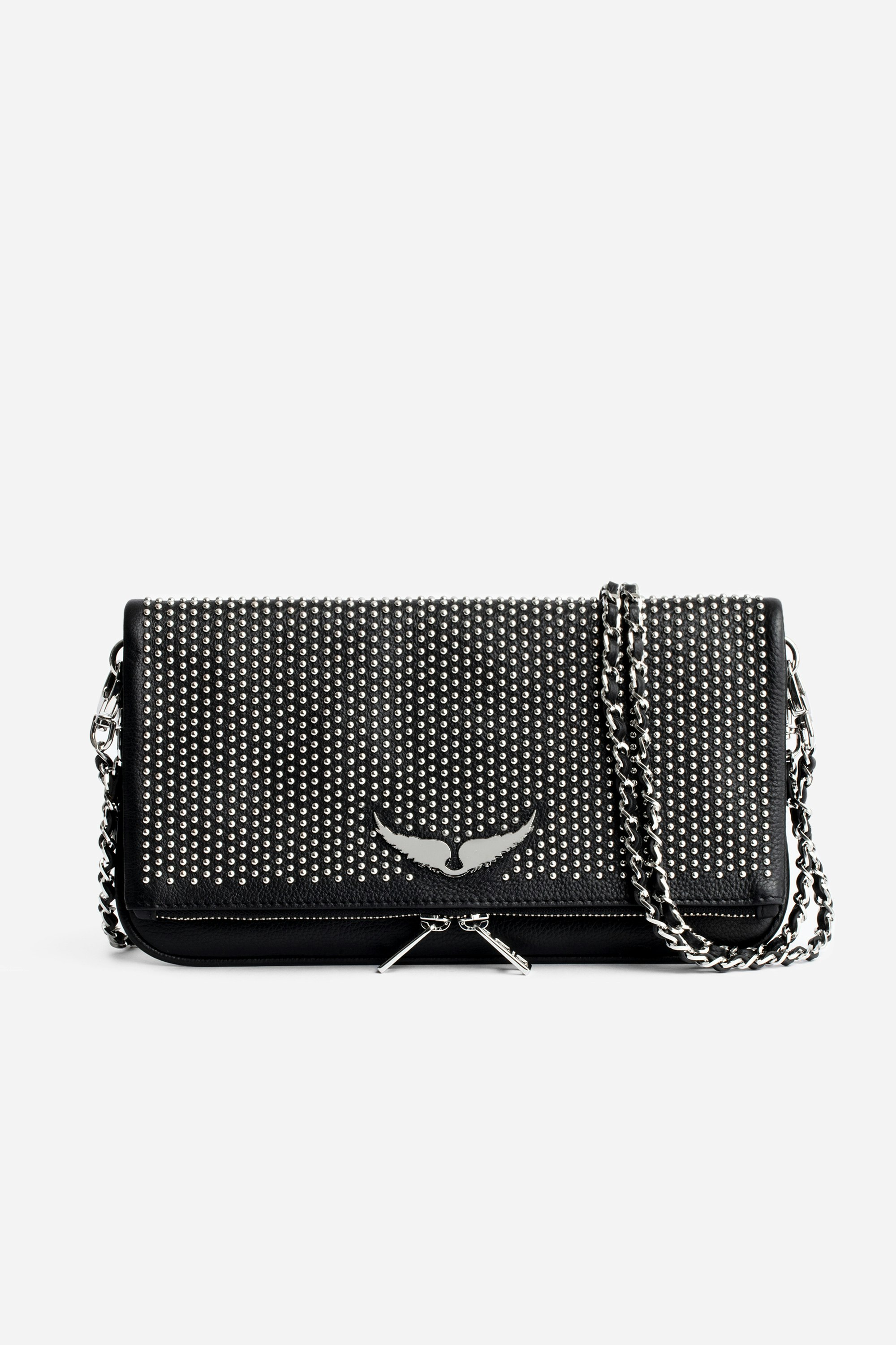 Rock Dotted Swiss Clutch Women’s black grained leather clutch with dotted Swiss studs and a double leather and metal chain strap.