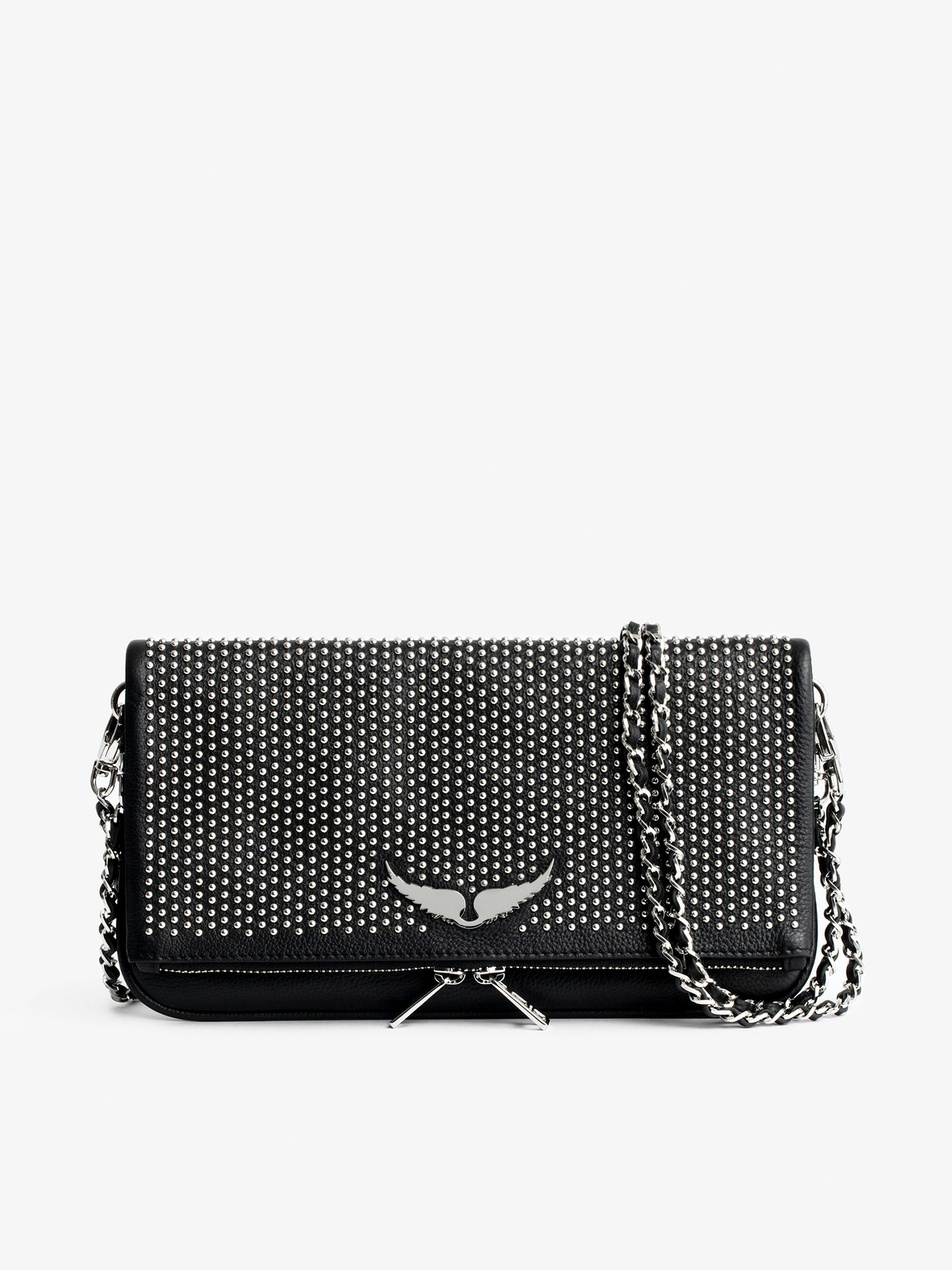 Rock Dotted Swiss Clutch - Women’s black grained leather clutch with dotted Swiss studs and a double leather and metal chain strap.