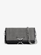 Rock Dotted Swiss Clutch - Women’s black grained leather clutch with dotted Swiss studs and a double leather and metal chain strap.