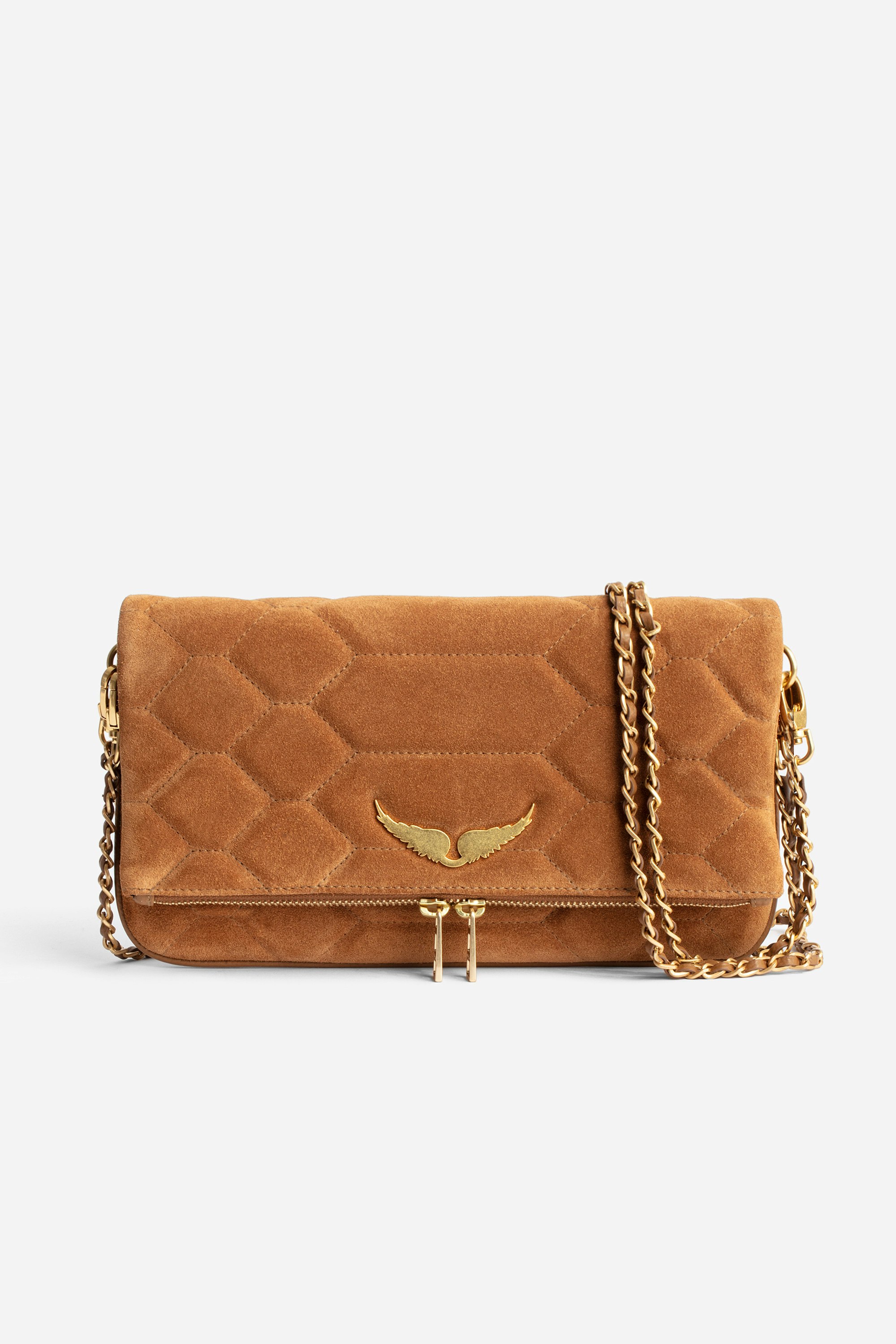 Rock Quilted Suede Clutch - Women’s camel snakeskin-effect quilted suede clutch with wings charm.