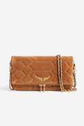 Rock Quilted Suede Clutch - Women’s camel snakeskin-effect quilted suede clutch with wings charm.