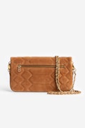 Rock Quilted Suede Clutch - Women’s camel snakeskin-effect quilted suede clutch with wings charm.