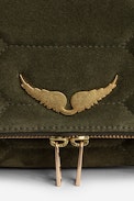 Rock Quilted Suede Clutch - Women’s khaki snakeskin-effect quilted suede clutch with wings charm.